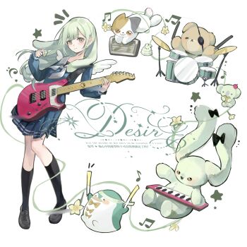 1girl absurdres bang_dream! bang_dream!_it's_mygo!!!!! black_socks blue_serafuku blue_shirt blue_skirt calico_(pattern) calico_cat chinese_commentary closed_mouth commentary_request commission drum electric_guitar eyepatch full_body green_hair grey_neckerchief guitar highres holding holding_guitar holding_instrument if_happiness_is_a_circle_(meme) instrument keyboard_(instrument) kneehighs loafers long_hair long_sleeves looking_at_viewer meme musical_note neckerchief notice_lines pleated_skirt sailor_collar school_uniform serafuku shirt shoes sidelocks skirt socks solo standing star_(symbol) stuffed_animal stuffed_penguin stuffed_rabbit stuffed_toy teddy_bear tsukinomori_school_uniform tu_ni_ni wakaba_mutsumi white_background white_sailor_collar winter_uniform yellow_eyes