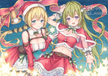 Rule 34 | 2girls, arm up, belt, belt buckle, black belt, black bow, black corset, blonde hair, blue eyes, blue sky, bow, bowtie, braid, braided twintails, breasts, buckle, capelet, choppy bangs, closed mouth, collar, commentary request, corset, crop top, cropped shirt, detached collar, detached sleeves, dress, earrings, fur-trimmed capelet, fur-trimmed shirt, fur-trimmed skirt, fur collar, fur trim, green bow, green bowtie, green hair, hair bow, hair ornament, hat, heart, heart earrings, highres, jewelry, large breasts, layered dress, long hair, looking at viewer, marker (medium), midriff, miniskirt, multiple girls, navel, night, omagari kei, open mouth, original, outdoors, petticoat, pom pom (clothes), pom pom hair ornament, purple eyes, red capelet, red dress, red shirt, red skirt, red sleeves, santa costume, santa hat, shirt, skirt, skirt bow, sky, sleeves past wrists, smile, star (sky), star (symbol), stomach, strapless, strapless dress, strapless shirt, traditional media, twin braids, two side up, white collar