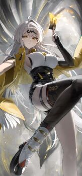 1girl absurdres asymmetrical_gloves closed_mouth commentary_request gloves hair_between_eyes hana_hebi high-waist_shorts highres holding holding_ofuda long_hair looking_at_viewer ofuda shorts solo uneven_gloves v-shaped_eyebrows very_long_hair white_hair yellow_eyes yixuan_(zenless_zone_zero) zenless_zone_zero