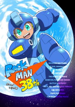 1boy anniversary ariga_hitoshi arm_cannon blue_eyes blue_helmet commentary_request copyright_name earth_(planet) english_text full_body helmet highres mega_man_(character) mega_man_(classic) mega_man_(series) open_mouth planet robot_boy signature solo space weapon