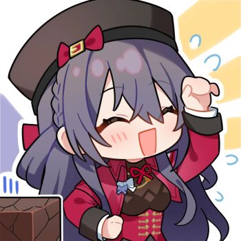 1girl :d ^_^ artist_request black_hair braid chibi chibi_only closed_eyes commentary_request girls&#039;_frontline girls&#039;_frontline_2:_exilium hat highres lewis_(girls&#039;_frontline) lewis_(girls&#039;_frontline_2) official_art open_mouth red_ribbon ribbon second-party_source smile solo transparent_background upper_body