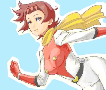 1girl bad_id bad_pixiv_id belt bodysuit breasts brown_hair female_focus getter_robo getter_robo_(classic) gloves hairband medium_breasts oekaki pilot_suit saotome_michiru scarf short_hair smile solo tamura_(nex) toei_company yellow_eyes
