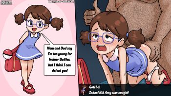 1girl 2koma bag bigbigkaro blush brown_hair comic crying doggystyle forced glasses hairy_man happy highres loli nintendo older_male_and_younger_female pedophile pig_tail poke_ball pokemon pokemon_(anime) pokemon_bw pubic_hair rape school_bag school_kid_(pokemon) school_uniform sex sex_from_behind tail text_focus thumbs_up twintails