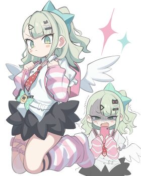 1girl absurdres aqua_nails black_skirt blush chinatsu_remiel closed_mouth fur-trimmed_skirt fur_trim gloom_(expression) green_eyes green_hair highres holding holding_phone ketsu_juuji_killer_(kejuki) kneeling leg_warmers looking_at_phone looking_at_viewer multicolored_nails multiple_hair_clips multiple_thigh_straps multiple_views necktie open_mouth phone pink_arm_warmers pink_bag pink_leg_warmers pink_nails ponytail red_necktie shirt simple_background skirt sparkle striped_arm_warmers striped_leg_warmers sunna_(zenless_zone_zero) tears thigh_strap trembling white_background white_shirt white_wings winged_bag wings zenless_zone_zero