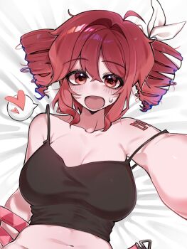1girl ahoge black_camisole bow breasts camisole collarbone commentary danchoo drill_hair hair_between_eyes hair_bow heart highres kasane_teto kasane_teto_(sv) looking_at_viewer lying medium_breasts navel no_panties number_tattoo on_back open_mouth red_eyes red_hair selfie solo spoken_heart sweatdrop symbol-only_commentary synthesizer_v tattoo twin_drills upper_body utau white_background