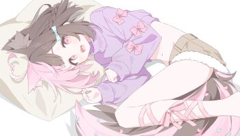 1girl animal_ear_fluff animal_ears barefoot blue_bow blush bow brown_hair brown_shorts commentary_request crop_top cropped_sweater feet_out_of_frame fox_ears fox_girl fox_tail fur-trimmed_shorts fur_trim hair_bow heart heart-shaped_pupils highres leg_ribbon long_sleeves looking_at_viewer lying multicolored_hair on_side open_mouth original pillow pink_eyes pink_hair pink_ribbon purple_sweater red_bow ribbon short_hair shorts simple_background sleeve_bow solo split-color_hair sweater symbol-shaped_pupils tail turtleneck turtleneck_sweater two-tone_hair urotsuki_(ku9625) white_background