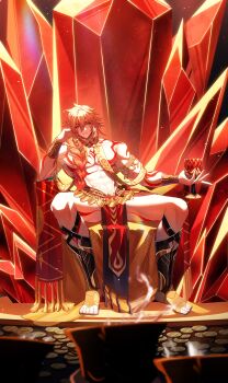 Rule 34 | 1boy, absurdres, alternate costume, arm tattoo, armlet, blonde hair, braid, chest tattoo, chinese commentary, commentary request, cup, earrings, facial tattoo, gold earrings, gold necklace, gold vambraces, gradient hair, hair over shoulder, head rest, highres, holding, holding cup, honkai: star rail, honkai (series), jewelry, jiangzizhuiyue, leg armor, leg tattoo, long hair, male focus, multicolored hair, mydei (honkai: star rail), necklace, pelvic curtain, red hair, red tattoo, single braid, sitting, solo, tattoo, yellow eyes