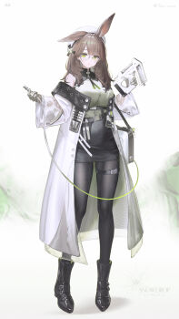 Rule 34 | 1girl, absurdres, animal ears, belt, beret, black boots, black pantyhose, black skirt, boots, commentary request, full body, glass, gloves, green eyes, grey gloves, gun, hat, highres, holding, holding gun, holding weapon, id card, kanahi 2, looking at viewer, medium hair, original, pantyhose, parted lips, pencil skirt, round eyewear, simple background, skirt, solo, standing, thigh strap, weapon, white background, white hat