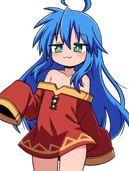 1girl :3 ahoge bare_shoulders blue_hair blush bright_pupils closed_mouth collarbone cosplay cowboy_shot dress flat_chest green_eyes hair_between_eyes hand_up ink_(inksgirls) izumi_konata kono_subarashii_sekai_ni_shukufuku_wo! long_hair looking_at_viewer lucky_star megumin megumin_(cosplay) mole mole_under_eye off-shoulder_dress off_shoulder sidelocks simple_background sleeves_past_fingers sleeves_past_wrists solo split_mouth straight_hair very_long_hair white_background white_pupils