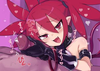 1boy 1girl absurdres arm_strap bare_shoulders black_choker black_gloves black_tube_top choker commentary_request demon_girl demon_tail demon_wings disgaea double-parted_bangs earrings elbow_gloves erection etna_(disgaea) furrowed_brow gloves hair_between_eyes heart hetero highres hoop jank365m jewelry latex latex_gloves makai_senki_disgaea medium_hair o-ring o-ring_choker penis pointy_ears red_eyes red_hair shiny_skin short_twintails skull_earrings slit_pupils strapless tail tube_top twintails wings