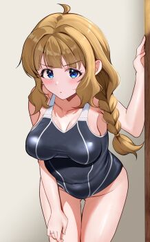 1girl aged_up ahoge black_one-piece_swimsuit blue_eyes blush body_blush braid breasts brown_hair cleavage closed_mouth collarbone covered_navel cowboy_shot curtained_hair dot_nose eyelashes hair_tie hand_on_own_thigh hand_up highres idolmaster idolmaster_million_live! idolmaster_million_live!_theater_days indoors jewelry large_breasts long_hair low-braided_long_hair low-tied_long_hair official_alternate_costume one-piece_swimsuit ring sideboob sidelocks single_braid solo suou_momoko swimsuit tanukiinu005 v-shaped_eyebrows wave_makers!_(idolmaster) wavy_hair