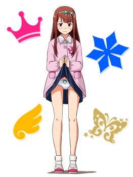 Rule 34 | 1girl, blue skirt, blush, bobby socks, bow, bow panties, brown hair, bug, butterfly, closed mouth, clothes lift, collared shirt, commentary, crotch seam, crown, frown, full body, hair ribbon, highres, idolmaster, idolmaster million live!, insect, kindergarten uniform, lielos, lifting own clothes, long hair, long sleeves, looking at viewer, miniskirt, name tag, panties, pink shirt, pleated skirt, red eyes, ribbon, shadow, shirt, shoes, shorts, simple background, skirt, skirt lift, snowflakes, socks, solo, standing, sweatdrop, tanaka kotoha, underwear, uwabaki, white background, white panties, white shirt, white shorts, white socks, wings