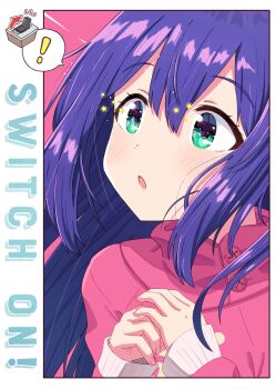 ! 1girl :o absurdres aqua_eyes arrow_(symbol) english_text eyelashes hair_between_eyes highres houraijin idolmaster idolmaster_million_live! idolmaster_million_live!_theater_days light_blush long_hair mochizuki_anna parted_lips pink_background pink_sweater purple_eyes sleeves_past_wrists solo sparkle sparkling_eyes spoken_exclamation_mark star_(symbol) sweater switch turtleneck turtleneck_sweater
