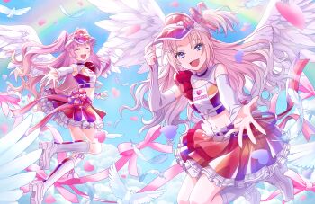 2girls :d ^_^ above-cleavage_cutout anyoji_hime bare_shoulders bird blonde_hair blue_eyes blue_hair blue_sky boots breasts closed_eyes clothing_cutout cloud collarbone day detached_sleeves dove facing_viewer falling_feathers fang feathers frilled_skirt frills game_cg gradient_clothes gradient_hair gradient_skirt hair_ornament hat_ornament heart heart_hat_ornament highres hip_hip_hurray!_(love_live!) knee_boots lace-up_boots link!_like!_love_live! long_hair long_sleeves looking_at_viewer love_live! midriff miniskirt mira-cra_park! multicolored_hair multiple_girls navel non-web_source offering_hand official_art open_mouth osawa_rurino pink_hair rainbow red_shirt red_skirt shirt skirt sky sleeveless sleeveless_shirt sleeves_past_wrists small_breasts smile teeth two_side_up upper_teeth_only very_long_hair virtual_youtuber visor_cap white_boots white_feathers wing_hair_ornament