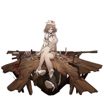 1girl alternate_costume ankle_grab arched_back arm_support bandages blood blood_on_clothes blood_stain bloody_bandages bloody_knife breasts brown_hair cleavage contrapposto crack cracked_floor cracked_skin disembodied_hand eyelashes full_body girls'_frontline gun hair_spread_out hand_on_another's_leg harness hat heavy_machine_gun high_heels horror_(theme) knee_up knife kord_(dancer_in_the_dead_silence)_(girls'_frontline) kord_(girls'_frontline) kord_6p50 kord_macine_gun legs long_hair looking_at_viewer low_twintails machine_gun medium_breasts nurse nurse_cap o-ring off_shoulder official_art pale_skin planted planted_knife planted_weapon rebar red_eyes scope shi-chen sitting smile solo thighs transparent_background twintails very_long_hair weapon white_footwear wooden_floor