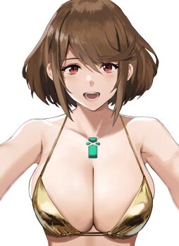 1girl alternate_hair_color bare_shoulders bikini breasts brown_hair chest_jewel cleavage commission gold_bikini highres j@ck large_breasts looking_at_viewer open_mouth pyra_(xenoblade) red_eyes short_hair simple_background solo swept_bangs swimsuit upper_body white_background xenoblade_chronicles_(series) xenoblade_chronicles_2