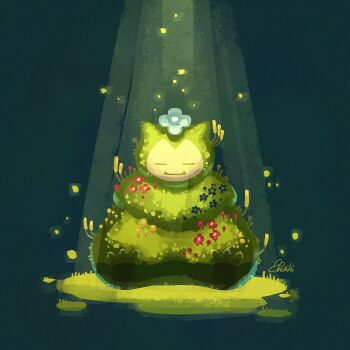 =_= closed_eyes closed_mouth commentary_request fangs flower full_body gen_1_pokemon light_particles light_rays moss mosslax n20u28 nintendo no_humans pokemon pokemon_(creature) pokemon_focus pokemon_pokopia signature sitting snorlax solo straight-on