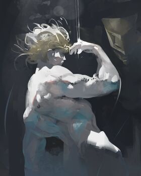 1boy absurdres arm_up black_background blonde_hair closed_mouth commentary completely_nude dio_brando floating_hair hashtag-only_commentary highres jojo_no_kimyou_na_bouken kanji_(nievart) male_focus muscular muscular_male nude short_hair stand_(jojo) stardust_crusaders the_world