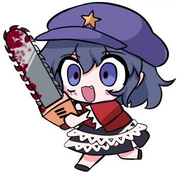 1girl black_shoes black_skirt blood blush chainsaw chibi chibi_only commentary_request fang full_body hat hat_ornament highres holding holding_chainsaw miyako_yoshika newsboy_cap no_ofuda open_mouth purple_eyes purple_hat que_si_tian_yu_ze red_shirt shirt shoes short_hair simple_background skirt smile solo star_(symbol) star_hat_ornament touhou white_background