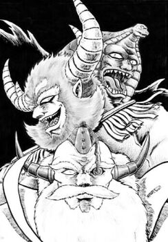 Rule 34 | 3boys, artificial eye, bald, beard, black background, commentary request, cyborg, demon boy, demon horns, emperor burai, emperor gol, epaulettes, evil smile, facial hair, getter robo, getter robo (classic), getter robo g, getter robo go, greyscale, high collar, horns, lando (getter robo), large horns, long beard, looking at viewer, lowres, male focus, mechanical eye, mechanical horns, monochrome, multiple boys, mustache, open mouth, profile, reptile boy, serious, sharp teeth, single mechanical eye, smile, teeth, thick eyebrows, user tyye8835