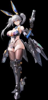 Rule 34 | 1girl, animal ears, armor, armored boots, armpits, bare shoulders, black gloves, black leotard, blush, boots, bow, breasts, brown eyes, cleavage, closed mouth, clothing cutout, collarbone, covered erect nipples, covered navel, cowboy shot, daiblos core, detached collar, detached sleeves, elbow gloves, fake animal ears, gloves, grey background, grey hair, groin, gun, hair between eyes, hair ornament, hair ribbon, headgear, high heel boots, high heels, highres, holding, holding weapon, large breasts, leotard, long hair, looking at viewer, midriff, navel, open mouth, orange eyes, panties, parted lips, playboy bunny, ponytail, rabbit ears, red eyes, revealing clothes, ribbon, shiny skin, sidelocks, simple background, skindentation, smile, solo, standing, stomach, swimsuit, sword, tail, thigh boots, thigh strap, thighhighs, thighs, twintails, underwear, weapon, white gloves, white hair, white leotard, yellow eyes