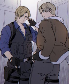 Rule 34 | 2boys, beard stubble, black gloves, black pants, black shirt, black vest, blonde hair, blue shirt, brown coat, closed mouth, coat, collared shirt, commentary request, cowboy shot, dbox 2525, facial hair, fingerless gloves, fur-trimmed coat, fur trim, gloves, gun, hand on own hip, handgun, highres, holding, holding gun, holding weapon, holster, leon s. kennedy, looking at viewer, male focus, multiple boys, pants, parted bangs, resident evil, resident evil 4, resident evil 6, shirt, short hair, sleeves rolled up, stubble, thigh holster, vest, weapon
