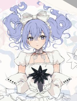 1girl blue_hair bow character_request choker copyright_request crossed_bangs double-parted_bangs dress elbow_gloves gloves hair_between_eyes hair_bow highres holding long_hair looking_at_viewer mou_(piooooon) parted_lips puffy_short_sleeves puffy_sleeves purple_eyes short_sleeves solo upper_body white_background white_bow white_choker white_dress white_gloves