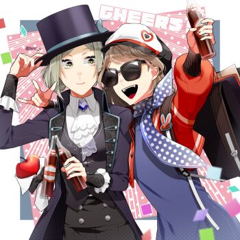 2girls \m/ ^_^ apple apple_(reverse:1999) arm_around_neck arm_up ascot backpack bag black_bow black_bowtie black_coat black_hat black_vest blue_bow blue_dress blue_neckerchief boater_hat border bottle bow bowtie brown_hair closed_eyes coat collared_shirt confetti dress eyes_visible_through_eyewear food fruit grey_eyes grey_hair hair_bun hand_on_headwear hands_up hat hat_bow highres holding holding_bottle jacket looking_at_another looking_to_the_side multiple_girls neckerchief newsboy_cap open_clothes open_jacket open_mouth outside_border pink_background polka_dot_neckerchief red_jacket regulus_(reverse:1999) reverse:1999 shirt short_hair side-by-side single_side_bun smile soda_bottle sunglasses teeth tkmru toasting_(gesture) traditional_bowtie upper_teeth_only vertin_(reverse:1999) vest waistcoat white_ascot white_border white_shirt