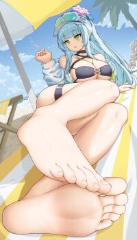 1girl absurdres barefoot beach beach_towel bikini black_bikini blue_hair blue_sky blunt_bangs blush breasts convenient_leg day eyewear_on_head facial_mark feet flower foot_focus foreshortening full_body girls'_frontline girls'_frontline_2:_exilium green_eyes hair_flower hair_ornament hand_up highres hk416_(girls'_frontline) jacket kap_t1n klukai_(cerulean_breaker)_(girls'_frontline_2) klukai_(girls'_frontline_2) large_breasts legs looking_at_viewer lying micro_bikini official_alternate_costume on_side open_clothes open_jacket open_mouth outdoors palm_tree sky soles solo sunglasses swimsuit thigh_strap toenails toes towel tree visor_cap