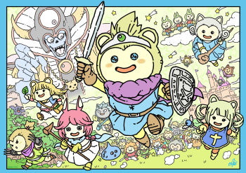 6+boys 6+girls absurdres animal_ears asymmetrical_dual_wielding bag blonde_hair blue_border blue_eyes blue_fur border cheerleader circlet colored_skin cosplay dracky dragon_quest dragon_quest_iii dragon_quest_x dual_wielding ebiten_(ebi10d) everyone fingernails gem green_gemstone hero_(dq10) hero_(dq3) hero_(dq3)_(cosplay) highres holding holding_shield holding_staff holding_sword holding_weapon in-franchise_crossover jewelry mage_(dq3) mage_(dq3)_(cosplay) martial_artist_(dq3) martial_artist_(dq3)_(cosplay) merchant_(dq3) merchant_(dq3)_(cosplay) multiple_boys multiple_girls necklace open_mouth pink_hair priest_(dq3) priest_(dq3)_(cosplay) prince_laguas puklipo roto_(dq3) roto_(dq3)_(cosplay) sage_(dq3) sage_(dq3)_(cosplay) sharp_fingernails sharp_teeth shield shoulder_bag silver_circlet skull_necklace slime_(dragon_quest) smile staff star_(symbol) sweatdrop sword teeth thief_(dq3) thief_(dq3)_(cosplay) triclops twintails warrior_(dq3) warrior_(dq3)_(cosplay) weapon wide-eyed yellow_fur yellow_skin zoma