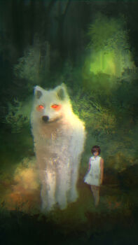 1girl 1other absurdres animal dkaism dress forest headpiece highres looking_at_viewer mononoke_hime nature non-web_source painterly red_eyes san_(mononoke_hime) short_dress size_difference walking walking_towards_viewer white_dress wolf