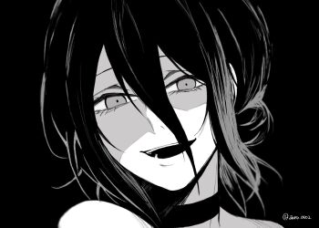 1girl chainsaw_man choker close-up commentary_request greyscale hair_between_eyes hair_bun highres looking_at_viewer madaosw medium_hair monochrome open_mouth reze_(chainsaw_man) solo twitter_username