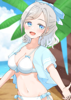 Rule 34 | 1girl, :d, absurdres, beach, bikini, blue eyes, blue jacket, blue ribbon, blurry, blurry background, breasts, ceras yanagida lilienfeld, ceras yanagida lilienfeld (swimsuit), cleavage, collarbone, commentary request, corocoro567, front-tie bikini top, front-tie top, grey hair, hair ribbon, highres, jacket, large breasts, light particles, link! like! love live!, looking at viewer, love live!, navel, official alternate costume, open clothes, open jacket, open mouth, outdoors, ponytail, ribbon, short-sleeved jacket, short sleeves, side-tie bikini bottom, smile, solo, stomach, swimsuit, textless version, upper body, virtual youtuber, white bikini