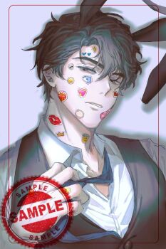 Rule 34 | 1boy, aegyo sal, animal ear hairband, animal ears, bandaid, bandaid on face, black hair, black vest, clothes grab, collared shirt, crown, drop shadow, fake animal ears, fish, frown, hair between eyes, hairband, half-closed eyes, hand up, hashtag-only commentary, head tilt, heart, lipstick mark, looking at viewer, male focus, necktie, necktie grab, neckwear grab, ocean sunfish, omniscient reader's viewpoint, parted lips, rabbit ear hairband, rabbit ears, shirt, short hair, skull, solo, sticker, too many stickers, toupou39, vest, white shirt, yoo joonghyuk