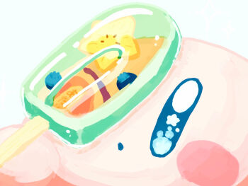 Rule 34 | :o, berry, blue eyes, blush stickers, bright pupils, food, fruit, harukui, highres, kirby, kirby (series), looking up, nintendo, no humans, popsicle, simple background, star (symbol), star anise (spice), star in eye, starfruit, symbol in eye, white background, white pupils
