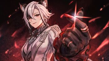 1girl animal_ear_fluff animal_ears arlecchino_(genshin_impact) black_eyes black_hair black_hands cat_ears colored_extremities commentary english_commentary fingernails frilled_cuffs genshin_impact glint grey_hair hair_between_eyes highres hikarilux jacket looking_at_viewer multicolored_hair nail_polish ponytail sharp_fingernails smile snapping_fingers solo symbol-shaped_pupils upper_body white_jacket x-shaped_pupils