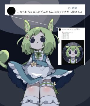 1girl apron blue_skirt closed_mouth commentary_request feet_out_of_frame frilled_apron frilled_skirt frilled_socks frilled_thigh_strap frills from_below green_hair green_ribbon highres looking_at_viewer neck_ribbon nikamoka ribbon screenshot_inset shirt skirt socks solo standing suspender_skirt suspenders thigh_strap translation_request voiceroid voicevox waist_apron waitress_zundamon white_apron white_shirt white_socks zundamon