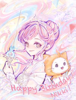 Rule 34 | 1girl, ahoge, arm up, armor, back-to-back, bare shoulders, bow, bowtie, breastplate, brown eyes, character name, chinese commentary, cloak, closed mouth, clothing cutout, collar, colorful background, commentary request, confetti, cropped torso, detached collar, dot nose, dress, ear covers, english text, eyelashes, floating hair, frilled arm warmers, hair bun, happy, happy birthday, highres, holding, holding sword, holding weapon, hood, hood up, hooded cloak, infinity nikki, lace collar, light blush, lipstick, makeup, melody bloom (infinity nikki), momo (nikki), nikki (nikki), nikki (series), pawpads, pink hair, pink lips, rapier, red bow, red bowtie, short hair with long locks, short sleeves, shoulder cutout, sidelocks, single hair bun, smirk, sword, tiara, traditional bowtie, updo, vodhisg, wavy hair, weapon, whiskers, white arm warmers, white collar, white dress, yellow cloak