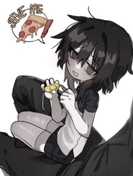 ! 2boys @_@ androgynous black_hair black_pants black_shorts black_suit crime_prevention_buzzer drugs_neko feet_out_of_frame food formal_clothes highres jitome low_twintails multiple_boys open_mouth original pale_skin pants pizza raised_inner_eyebrows seiza short_twintails shorts sitting speech_bubble suit thighhighs twintails white_background white_thighhighs