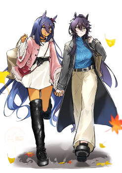 2girls absurdres animal_ears autumn_leaves bag bandaid bandaid_on_face bandaid_on_nose belt black_belt black_boots black_choker black_coat black_hair blue_sweater boots breasts choker closed_mouth coat dark-skinned_female dark_skin dress ear_ornament ear_scrunchie hair_between_eyes hair_ornament hairclip highres hishi_amazon_(umamusume) holding holding_bag holding_hands horse_ears horse_girl horse_tail jacket leaf long_hair long_sleeves medium_breasts multiple_girls naegi_happy narita_brian_(umamusume) open_clothes open_jacket open_mouth pants pink_jacket ponytail red_eyes red_scrunchie ribbed_sweater scrunchie shoes shoulder_bag smile striped_clothes striped_scrunchie sweater tail thigh_boots umamusume very_long_hair white_dress yellow_eyes yuri