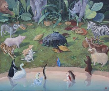 animal animal_focus ant bear bird bug commentary_request deer elephant fish grass highres hummingbird insect leaf leopard matsumoto_ryohei no_humans original otter outdoors penguin pig ram_(animal) rhinoceros swan tiger white_tiger wolf zebra
