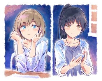 2girls black_dress black_hair blue_background blue_eyes blue_jacket blush brown_hair closed_mouth commentary dress earphones elbows_on_table hazuki_ren high_ponytail holding holding_pencil hood hoodie indoors jacket light_frown long_hair love_live! love_live!_superstar!! multiple_girls open_clothes open_jacket pencil ponytail smile tang_keke three-quarter_sleeves white_hoodie white_jacket yellow_eyes yukitake_(bullfalk)