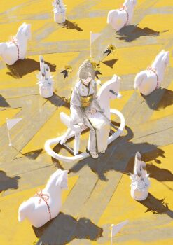 1girl commentary_request flag flower geta hair_flower hair_ornament hair_over_one_eye happy_new_year highres isekaijoucho isekaijoucho_(artist) japanese_clothes kamitsubaki_studio kimono long_hair new_year obi rocking_horse sash solo sunflower tabi white_kimono