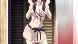 2girls animated anime_screenshot bikini black_hair breasts cleavage fake_horns headband highres horns large_breasts long_hair miniskirt multiple_girls nipple_slip nipples purple_eyes queen&#039;s_blade shizuka_(queen&#039;s_blade) short_hair skirt sound standing swimsuit tomoe_(queen&#039;s_blade) underboob video wardrobe_malfunction white_hair