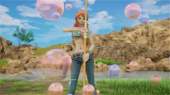 1girl 3d bangle belt bikini bikini_top_only bracelet breasts brown_eyes bubble cleavage clima-tact denim feet_out_of_frame female_focus green_bikini jeans jewelry large_breasts log_pose long_hair nami_(one_piece) nami_(one_piece)_(return_to_sabaody) navel official_alternate_costume one_piece one_piece:_odyssey orange_hair pants screencap solo staff striped_bikini striped_clothes swimsuit underboob