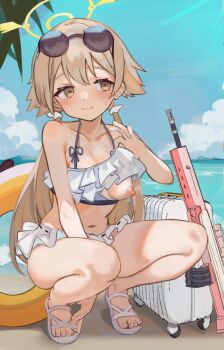 1girl bare_arms bare_shoulders bikini bikini_top_lift black-framed_eyewear blue_archive blue_sky blush breasts brown_eyes brown_hair closed_mouth clothes_lift cloud collarbone day eyebrows_hidden_by_hair eyewear_on_head frilled_bikini frills gun hair_between_eyes halo hifumi_(blue_archive) hifumi_(swimsuit)_(blue_archive) innertube lifting_own_clothes long_hair low_twintails marisayaka medium_breasts navel nipples official_alternate_costume one_breast_out outdoors ribbon-trimmed_bikini ribbon_trim rolling_suitcase sandals sky smile solo squatting suitcase sunglasses swim_ring swimsuit twintails very_long_hair water weapon weapon_request white_bikini white_sandals