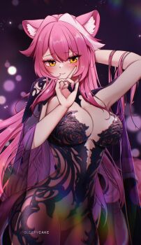 1girl absurdres ai-generated_art_(topic) animal_ears arm_behind_head arm_up artist_name black_cape black_dress blush breasts cape chronopattern_dress closed_mouth commentary dress english_commentary fingernails glint highres hololive hololive_english large_breasts long_hair multicolored_hair nail_polish panther_ears panther_girl panther_tail pink_hair pink_lips pink_nails pink_tail purple_background raora_panthera sleepycake solo streaked_hair tail thighs two-tone_hair virtual_youtuber yellow_eyes