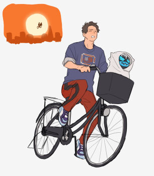 Rule 34 | 2boys, bbbb fex, bicycle, blue eyes, blue shirt, brown hair, closed eyes, cosplay, demon boy, e.t., e.t. (character), et (cosplay), highres, igarashi ikki, kamen rider, kamen rider revice, multiple boys, pants, parody, red pants, riding, riding bicycle, shirt, shoes, short hair, sleeves rolled up, sneakers, vice (kamen rider revice), white hair, white hood