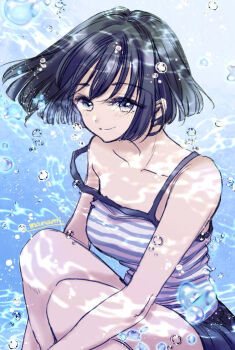 1girl air_bubble artist_name bare_shoulders black_eyes black_hair blue_skirt blush breasts bubble camisole closed_mouth collarbone commentary happy looking_at_viewer moe_(utakata)_(sugano_manami) short_hair signature skirt smile solo strap_slip striped_camisole sugano_manami symbol-only_commentary underwater utakata_(sugano_manami)
