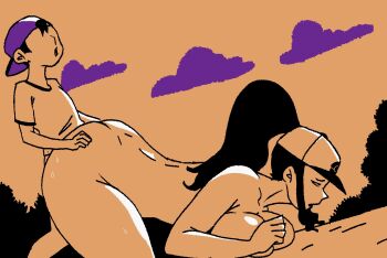 1boy 1girl age_difference akm_(pixiv_id_106652724) breasts doggystyle hat hetero highres hilda_(pokemon) limited_palette long_hair nintendo nude onee-shota pokemon pokemon_bw sex sex_from_behind shirt shota sidelocks